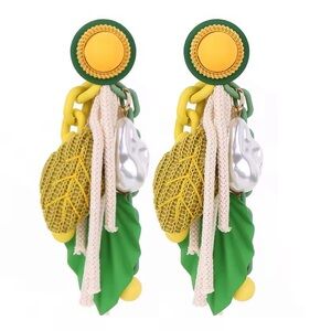 Large Colourful Leaf Drop Statement Earrings Yellow Green Cream Massive Big Long